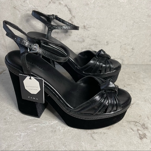 ZARA Black Leather and Velvet Platform Sandals in Size 9